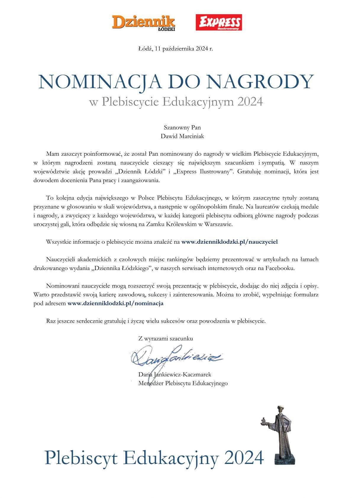 Nominacja - Plebiscyt Edukacyjny - Dziennik Łódzki · Express Ilustrowany