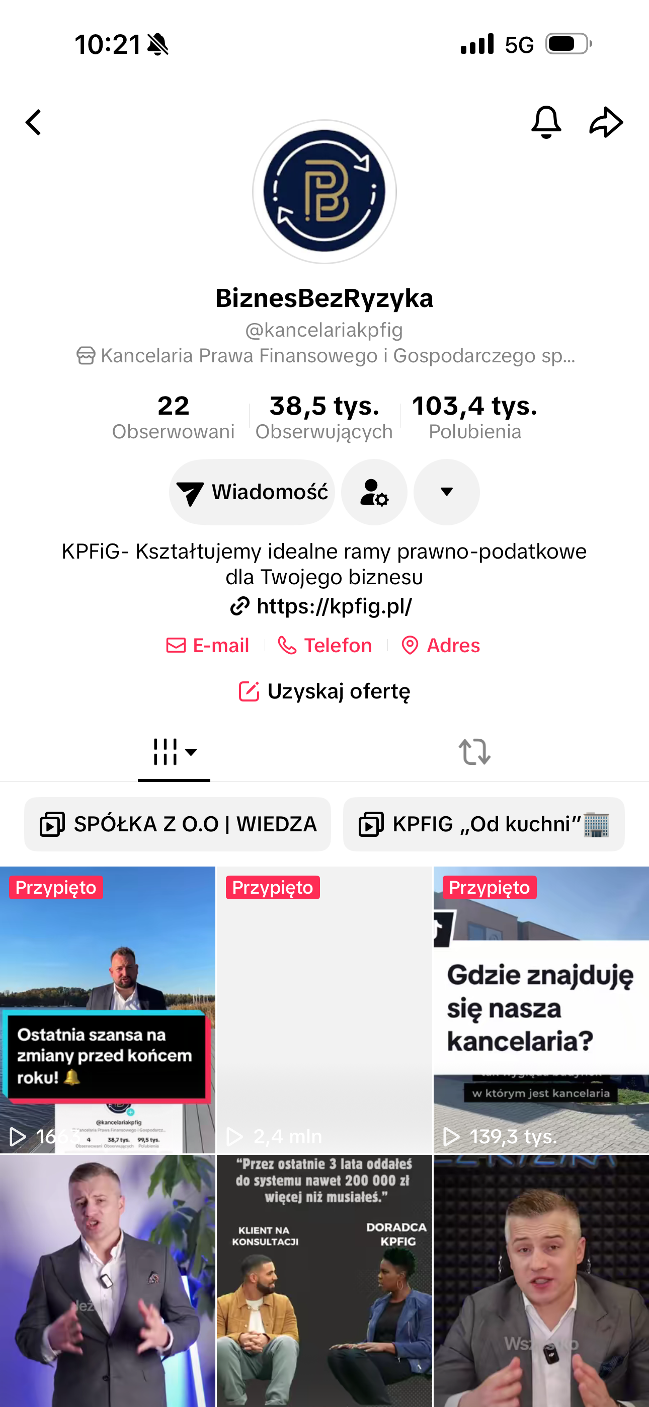 Screen konta BiznesBezRyzyka (KPFiG) na TikToku